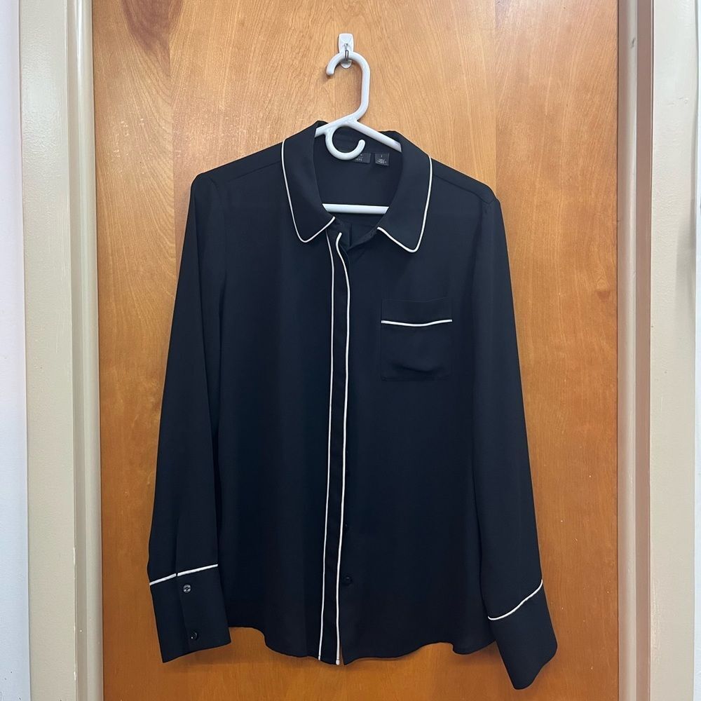 Halogen Black sheer button down Shirt with White Piping